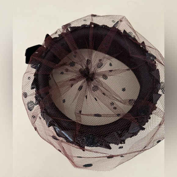 Vintage Black Pillbox Hat United Hatters Union Made Polka Dot Netting Tulle MCM - Picture 4 of 6